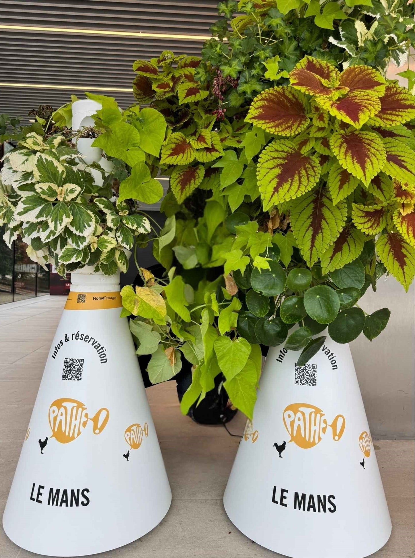 Colonne florale pour Pot'pro installé au Cinéma le Pathé le Mans avec housse personnalisé 